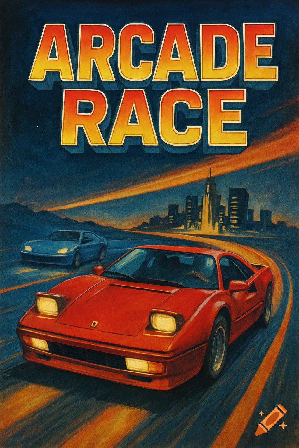 Retro painting of a red sports car racing on a road at night with a city skyline and 'ARCADE RACE' title.