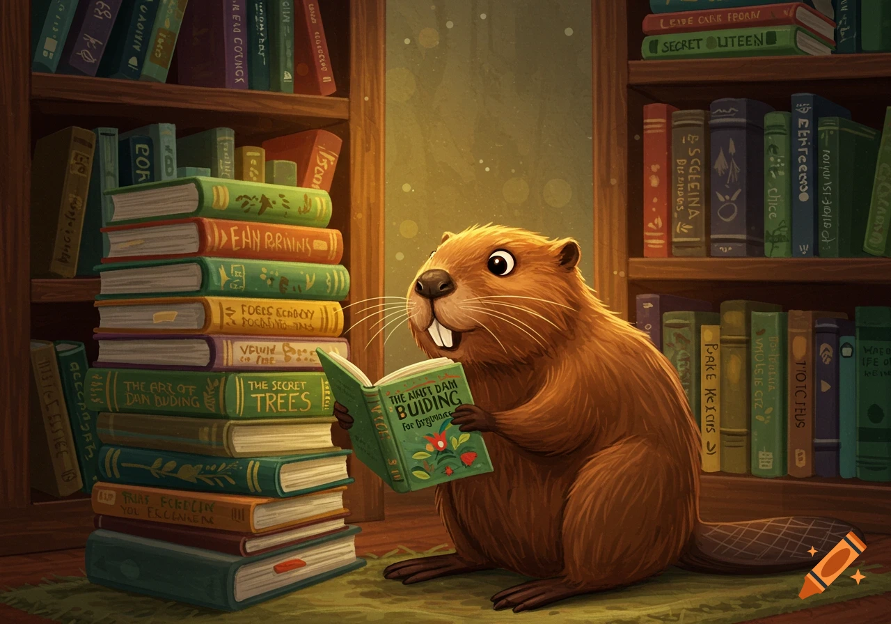 A cute cartoon beaver with large front teeth sits on a rug in a dimly lit library, engrossed in reading a green book titled "The Might Dam Building for Beginners". A tall stack of books is beside it, and bookshelves line the walls.