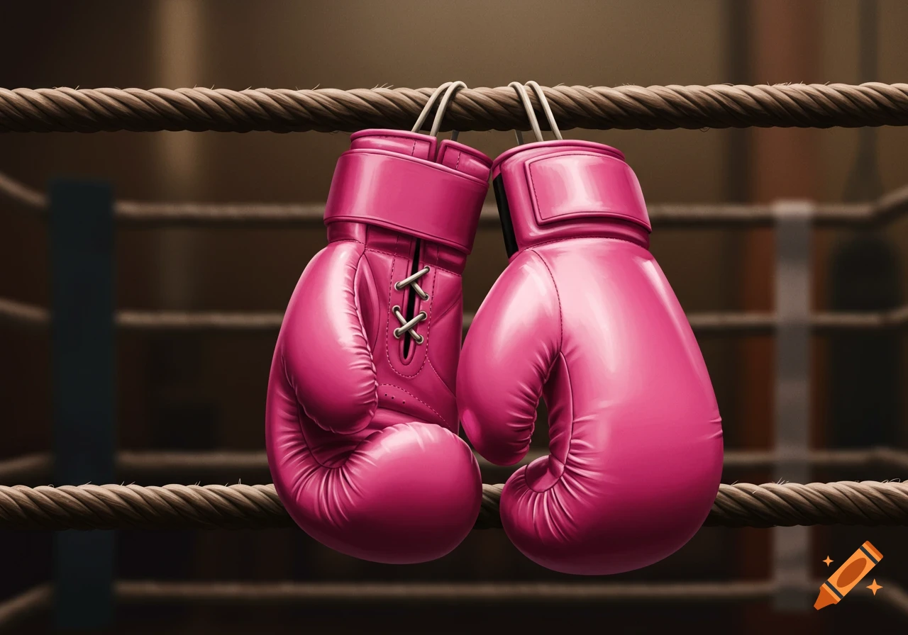 Two pink boxing gloves hanging from the top rope of a boxing ring.