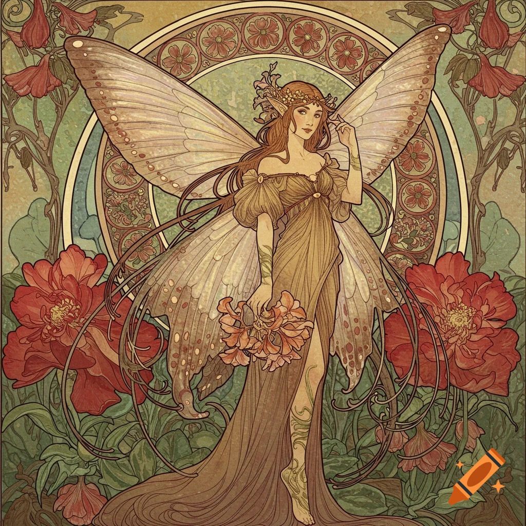 Art Nouveau illustration of a fairy with large wings, wearing a flowing gown, surrounded by red flowers and green foliage.