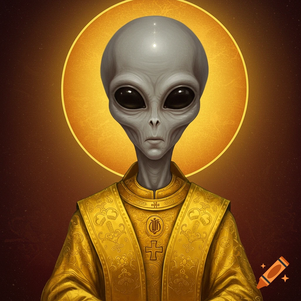 A grey alien in ornate golden Orthodox robes with a halo behind its head, digital art style.