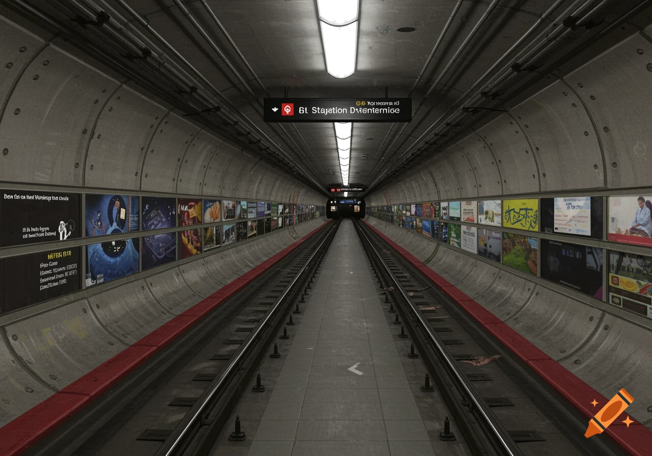 A long, illuminated subway tunnel with train tracks leading into the distance. The concrete walls are lined with various posters and a digital sign hangs from the ceiling.
