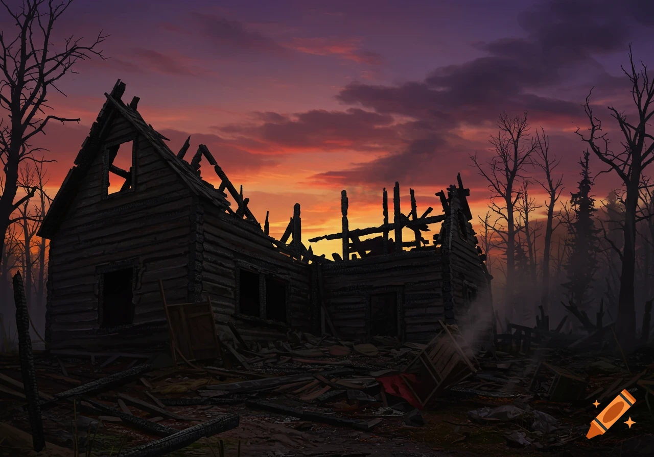 A ruined, burned wooden house stands at sunset amidst debris and bare trees in a desolate landscape, digital painting.