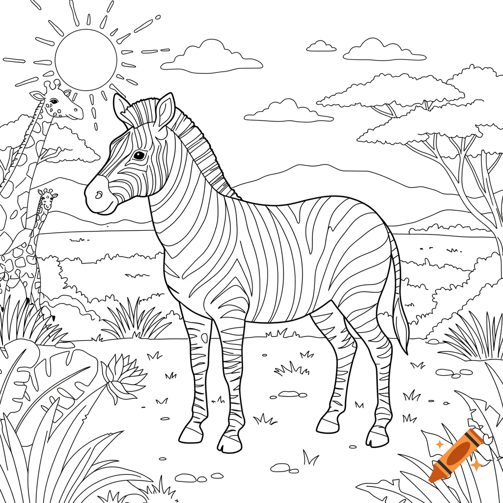 Black and white line art of a zebra in a safari landscape with giraffes and sun, like a coloring book page.