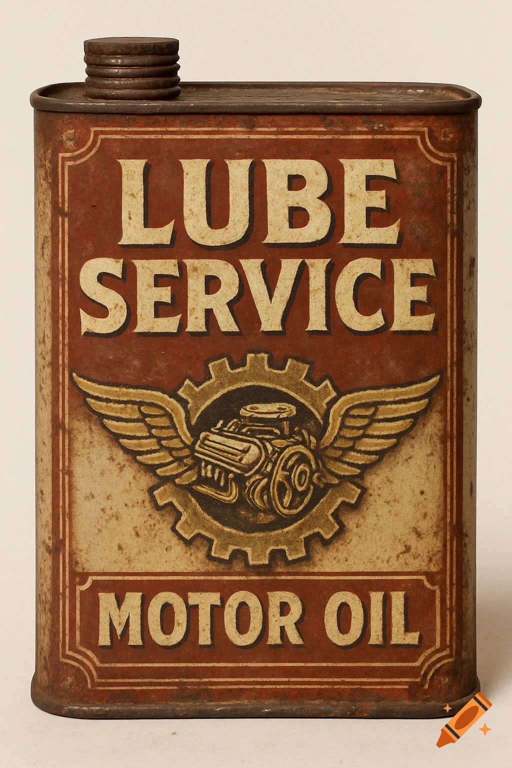 Vintage motor oil can for 'Lube Service' with faded paint, rust, and a winged gear engine emblem.
