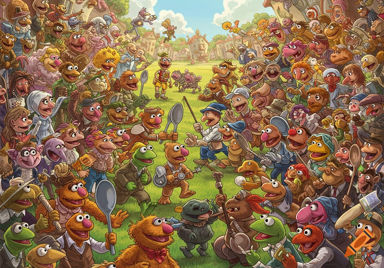 A colorful, detailed illustration showing a large crowd of diverse Muppet-like characters gathered in a lively village square.