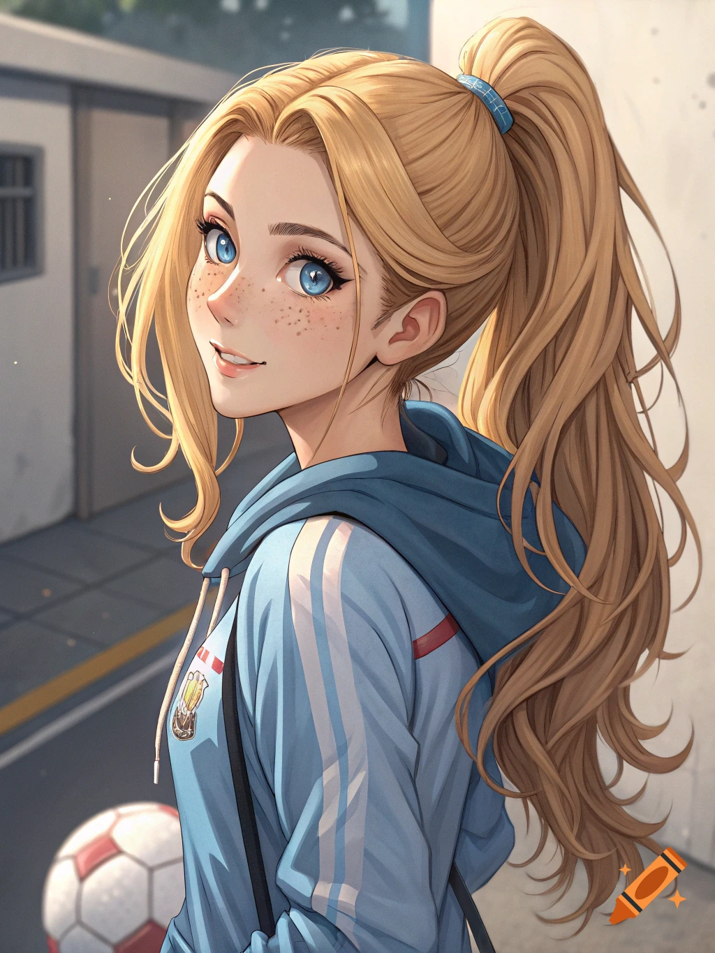 An anime-style portrait of a blonde girl with blue eyes and freckles, wearing a blue sporty hoodie, looking back over her shoulder with a soccer ball in the background.