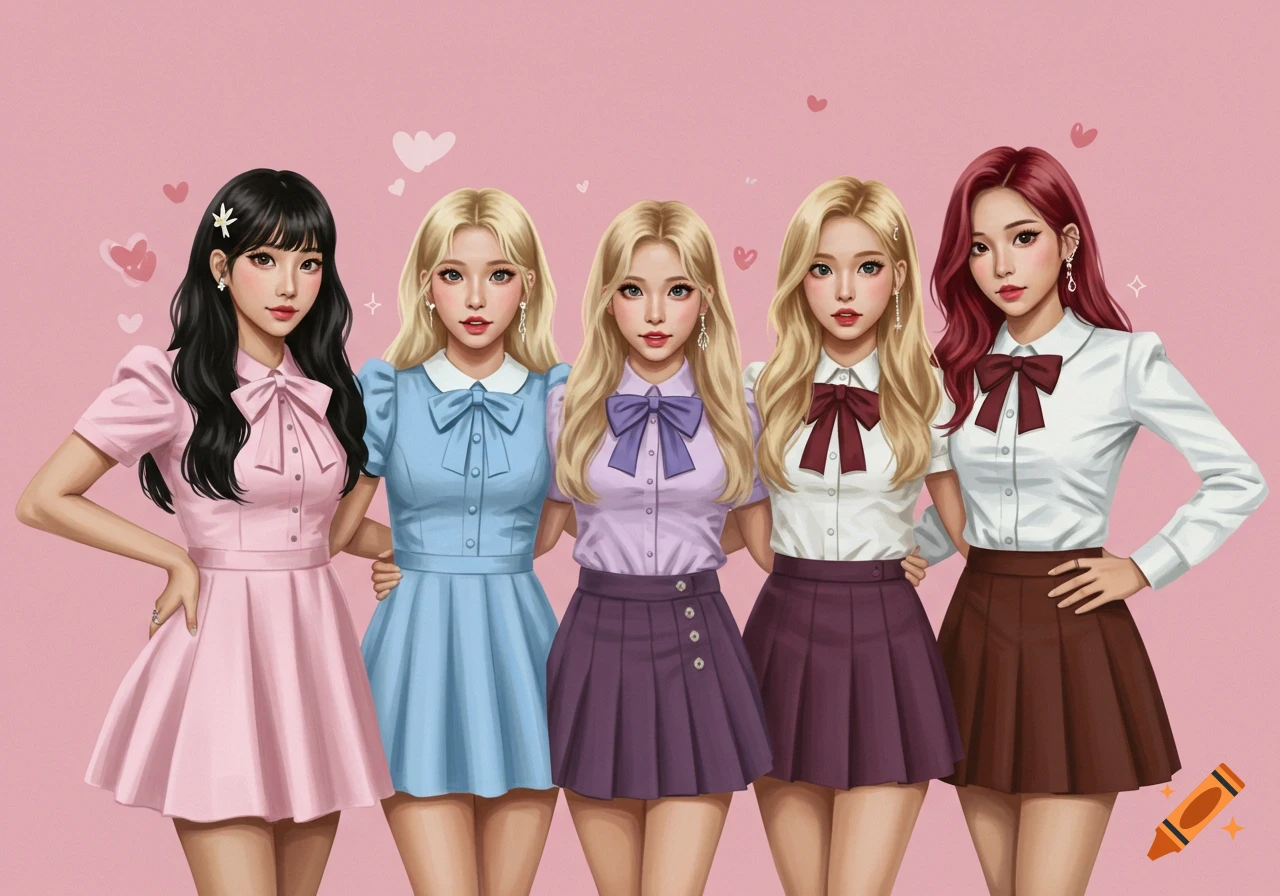 Five animated-style girls in colorful dresses and skirts pose against a pink background with hearts.