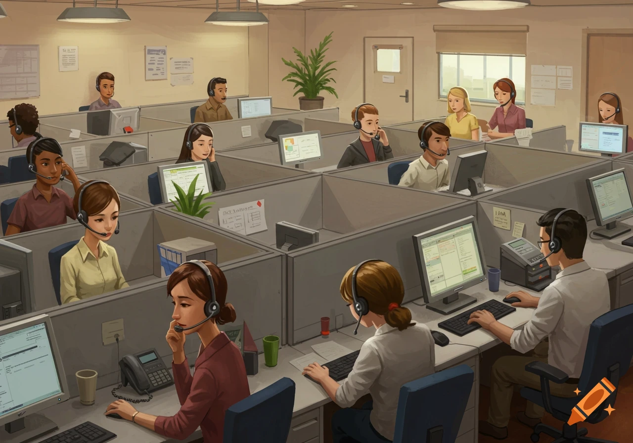 An illustrated view of a bustling office call center with numerous employees wearing headsets, working at their desks in cubicles.
