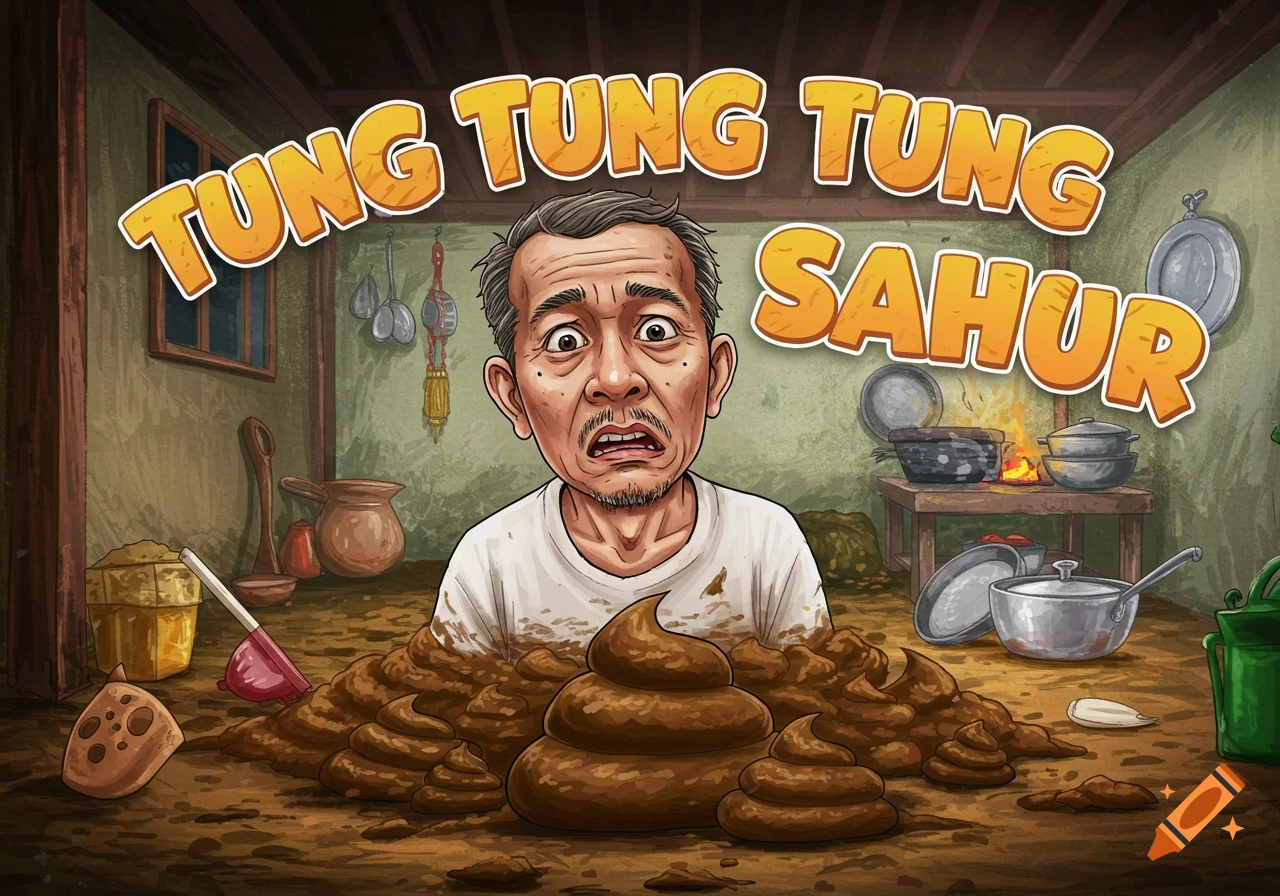 Cartoon of a distressed man buried in a pile of poop, with 'TUNG TUNG TUNG SAHUR' text in a rustic room.