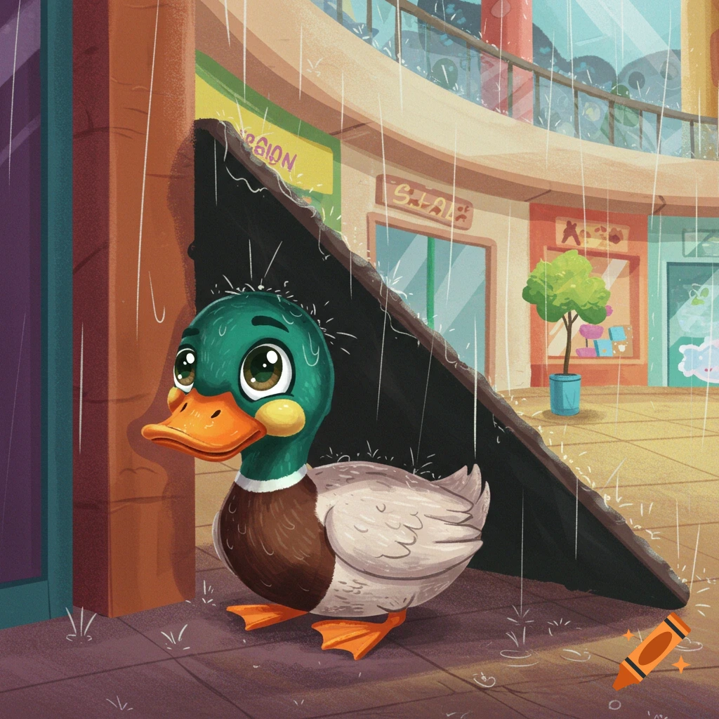 A cute cartoon mallard duck hides from the rain under a black object in a colorful outdoor shopping area.