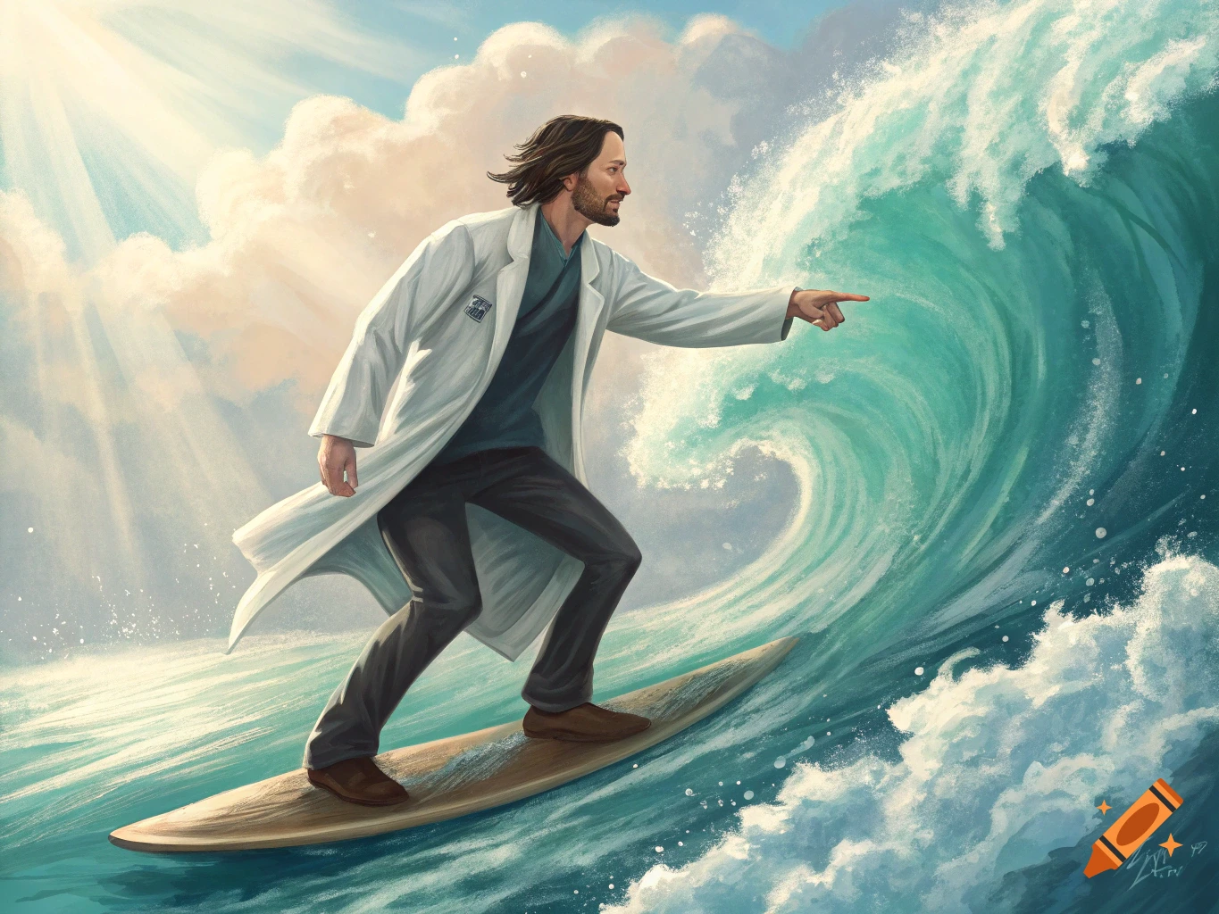 Digital painting of Keanu Reeves in a lab coat surfing a large ocean wave under a bright, cloudy sky.