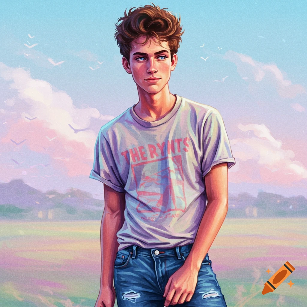 Stylized illustration of a young man with curly brown hair, blue eyes, in a t-shirt and ripped jeans, standing in a field under a pastel sky.