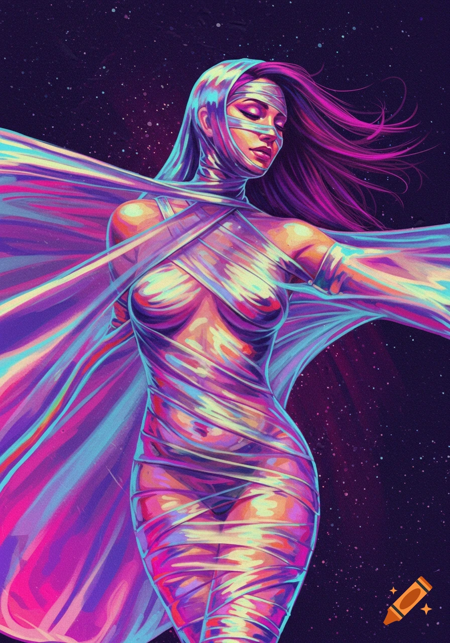 A stylized portrait of a woman wrapped in iridescent, colorful bands, resembling a mummy, against a dark, starry background.