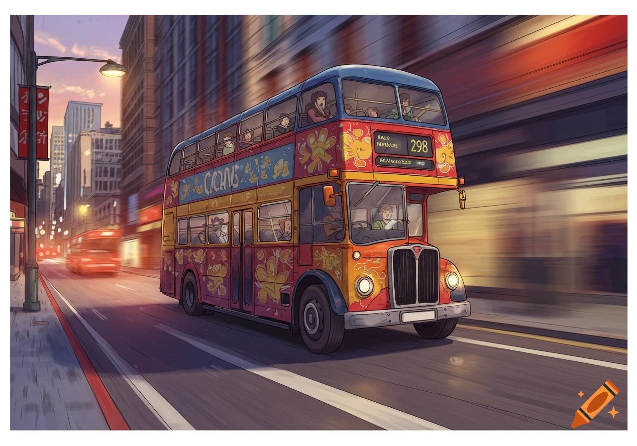 A stylized illustration of a red double-decker bus with yellow floral patterns driving down a city street at dusk, with motion blur.