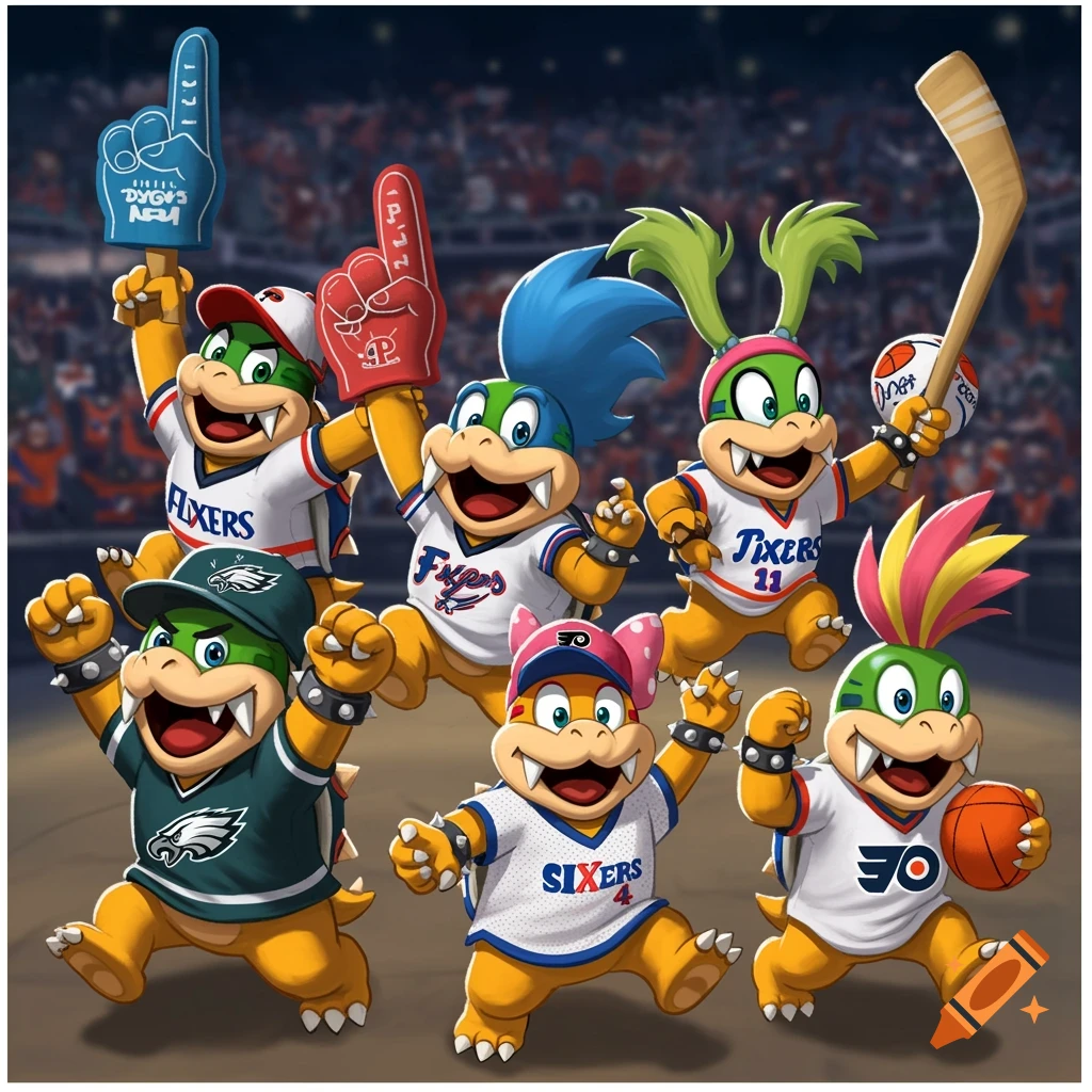 The Koopalings, from the Mario universe, dressed as Philadelphia sports fans, cheering in a stadium.