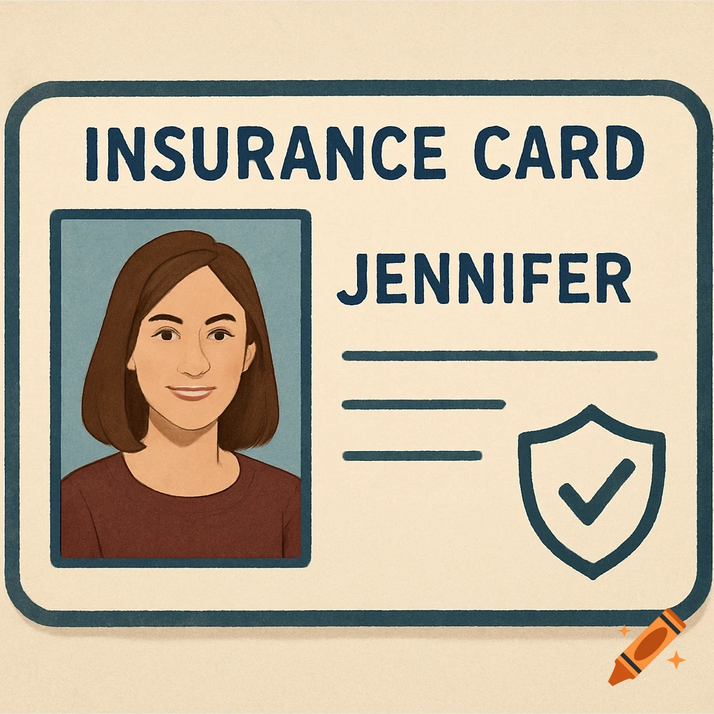 An illustration of an insurance card with a smiling woman's portrait and the name Jennifer printed on it.