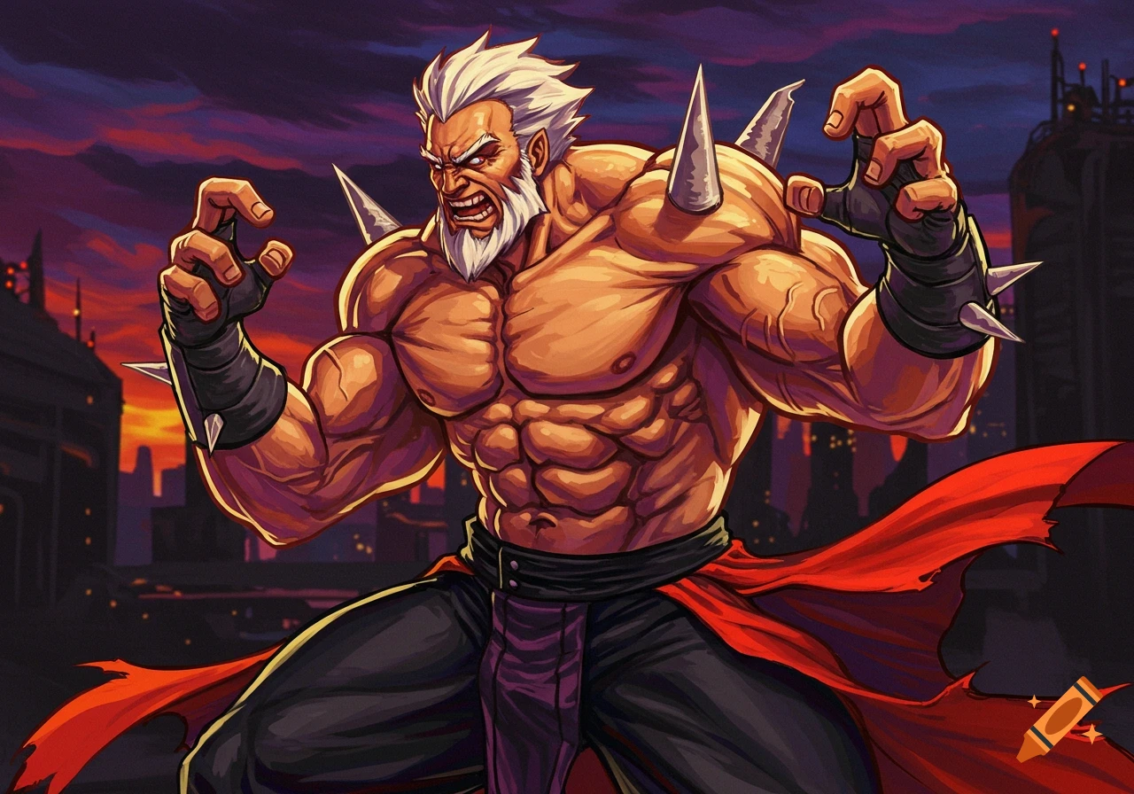 A powerful, angry muscular man with white hair, a beard, and a red cape, stands in a fighting stance against a dark city skyline in a comic art style.