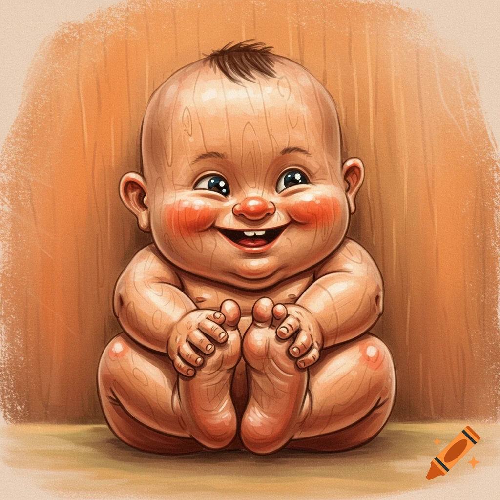 A happy caricature baby with wood grain skin sits laughing while holding its toes.