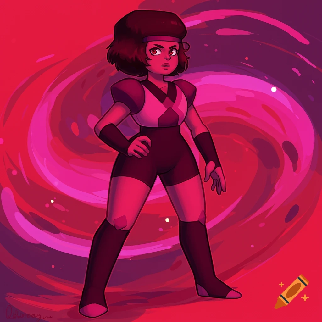 Full-body cartoon illustration of Ruby from Steven Universe standing in a dynamic pose against a swirling pink and purple background.