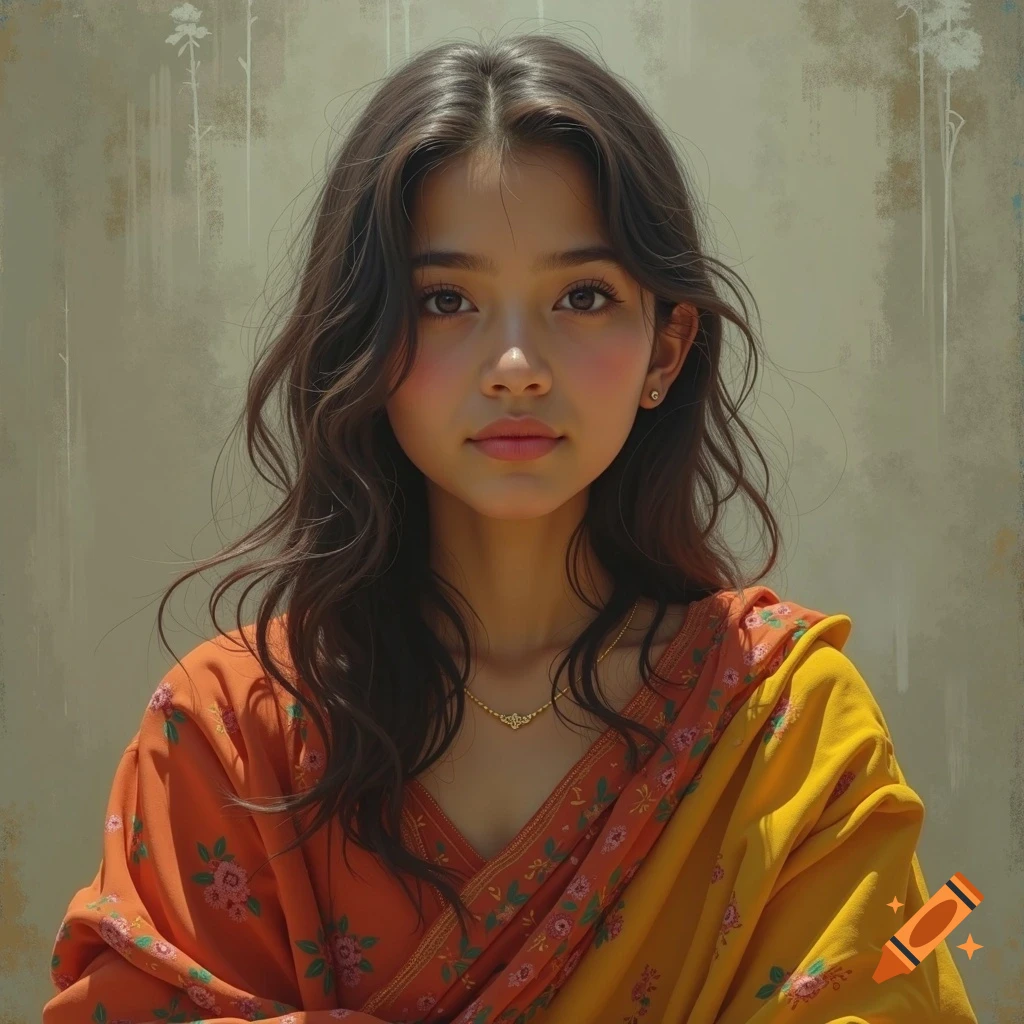 A close-up portrait of a young woman with long dark wavy hair, wearing an orange and yellow patterned traditional Indian dress, against a textured wall.