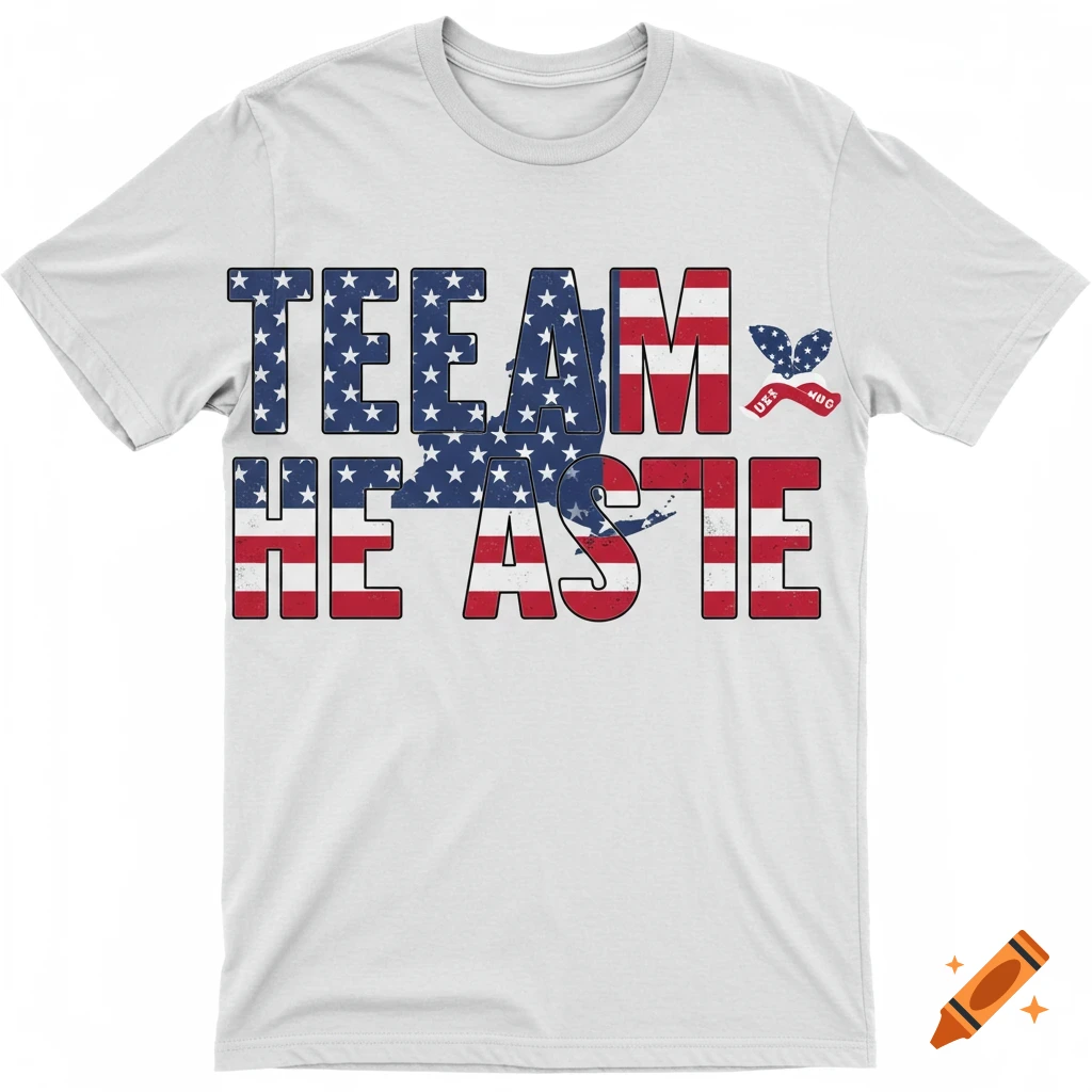 A white t-shirt with the words 'TEAM HEASTIE' in American flag patterned text, with a silhouette of New York State behind it.