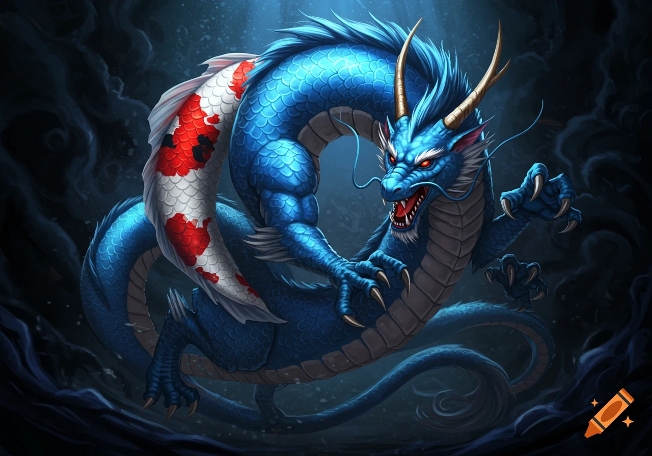 A vibrant blue dragon with red and white koi markings in an aggressive stance, against a dark, mystical background.