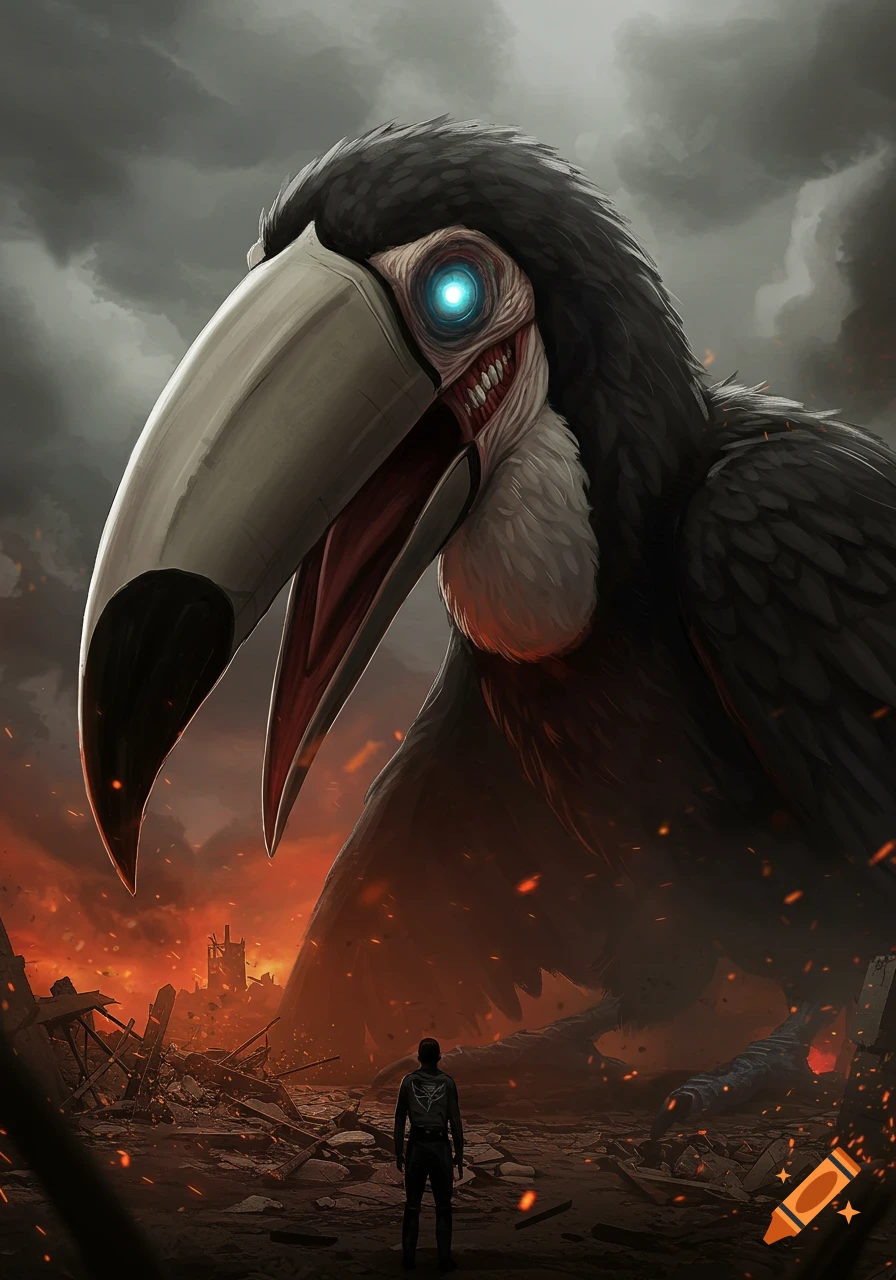 A colossal, monstrous toucan with a glowing blue eye and sharp teeth looms over a destroyed, fiery city, as a lone figure looks up at it.