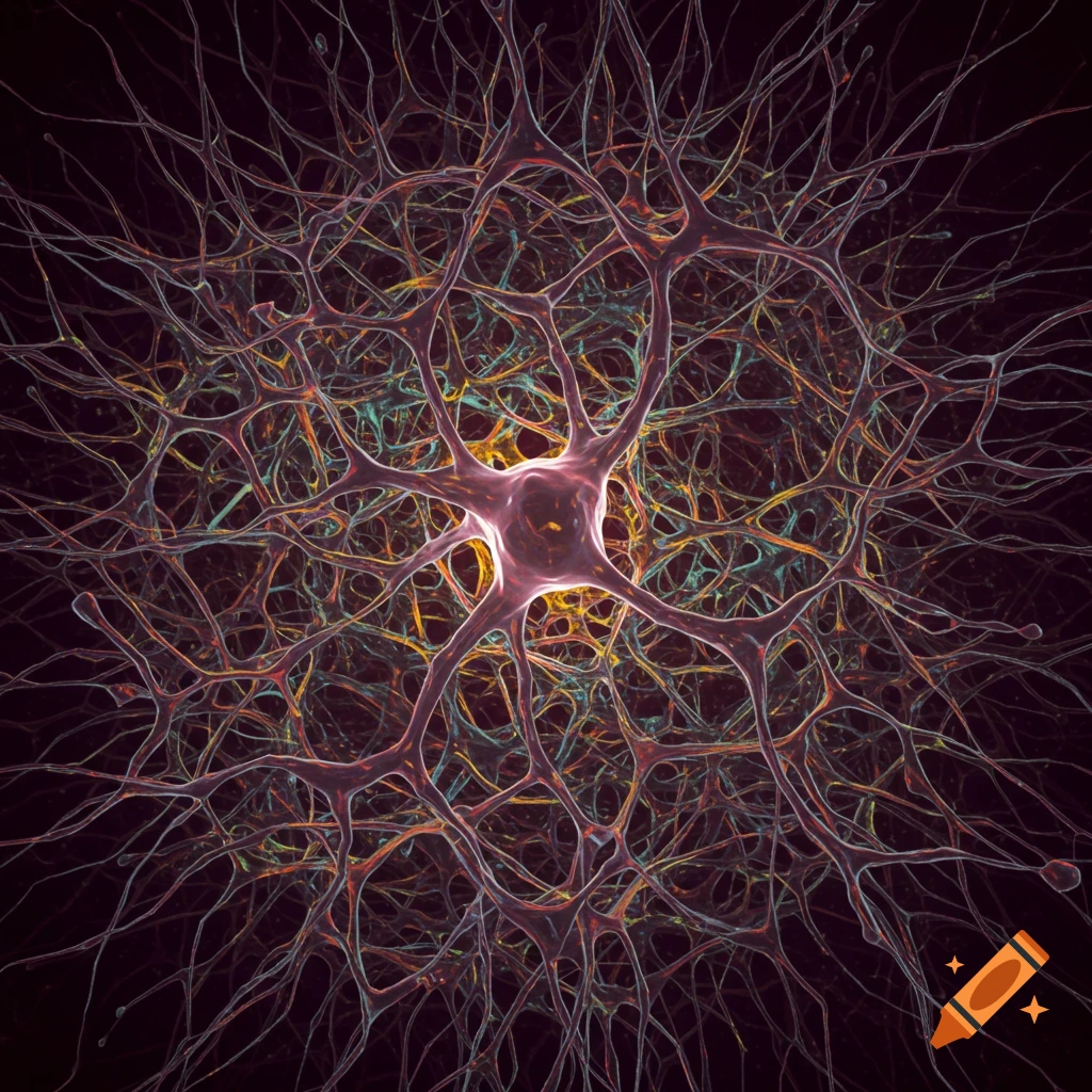 Digital art of an intricate biological neuron with dense, colorful connections against a dark background.