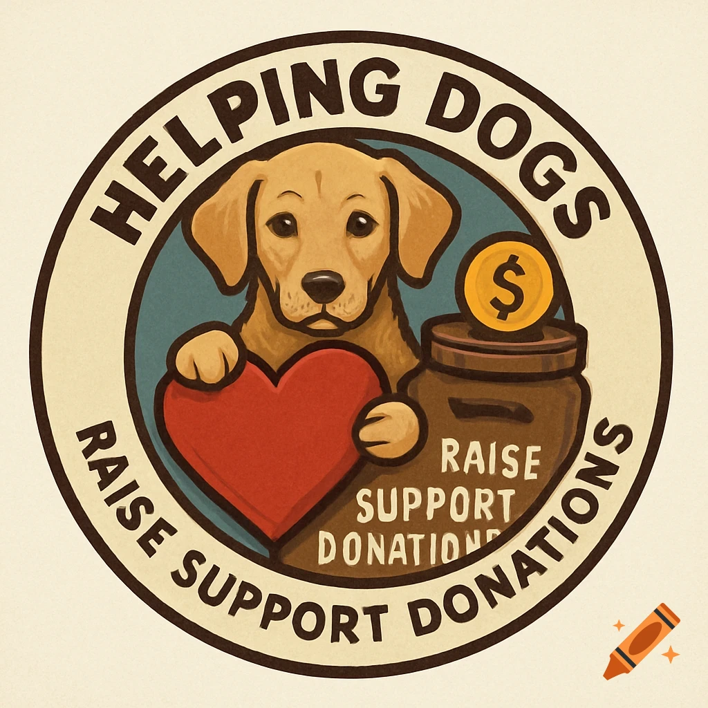 A round logo with a golden retriever puppy, a red heart, and a donation jar. Text says 'HELPING DOGS RAISE SUPPORT DONATIONS'.