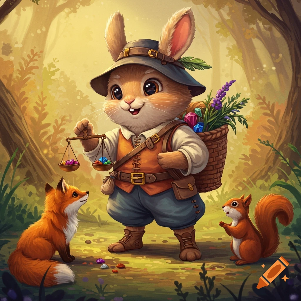 A cute, cartoonish merchant rabbit wearing a hat and vest, holding scales with gems, stands in a forest with a fox and squirrel.