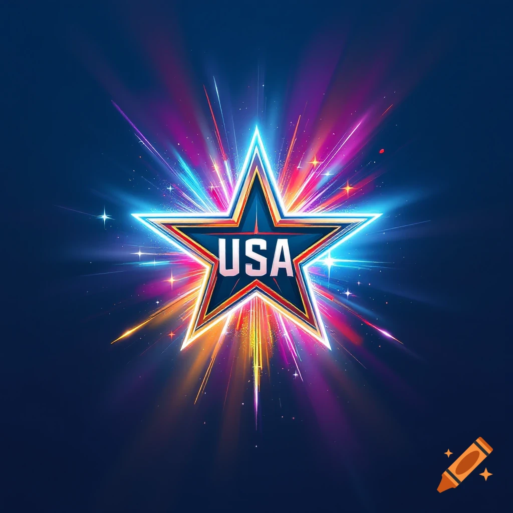 A glowing star logo with 'USA' in the center, surrounded by colorful light rays on a dark blue background.