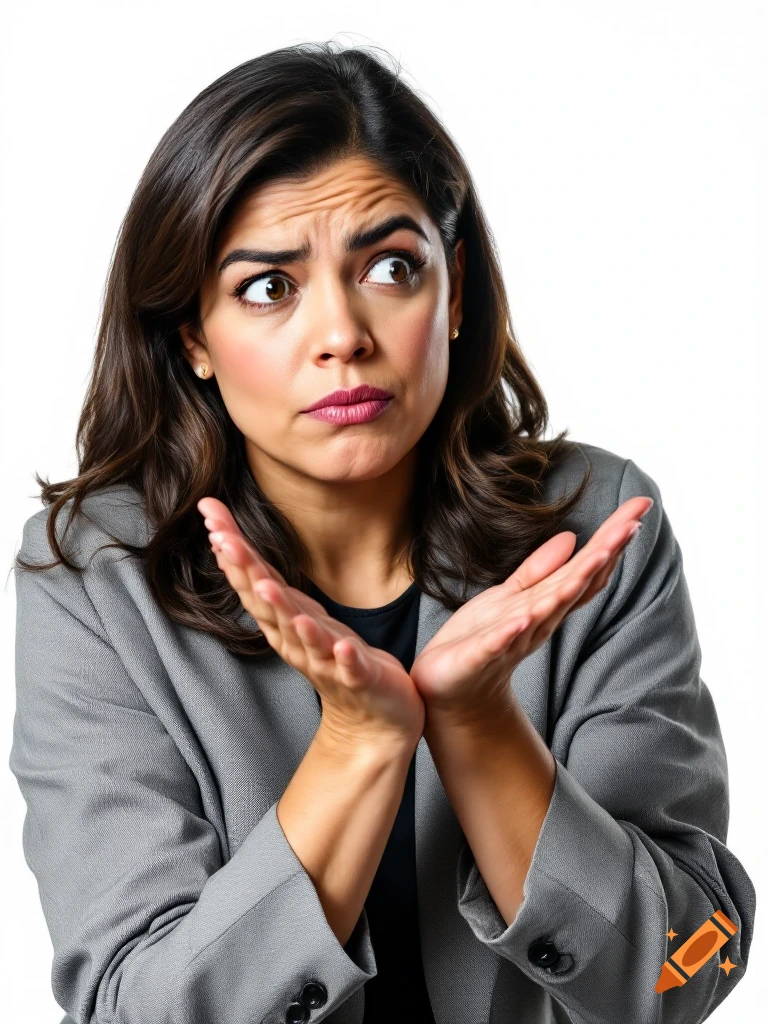 A photo-realistic portrait of a woman with a confused expression and hands shrugging on a white background.
