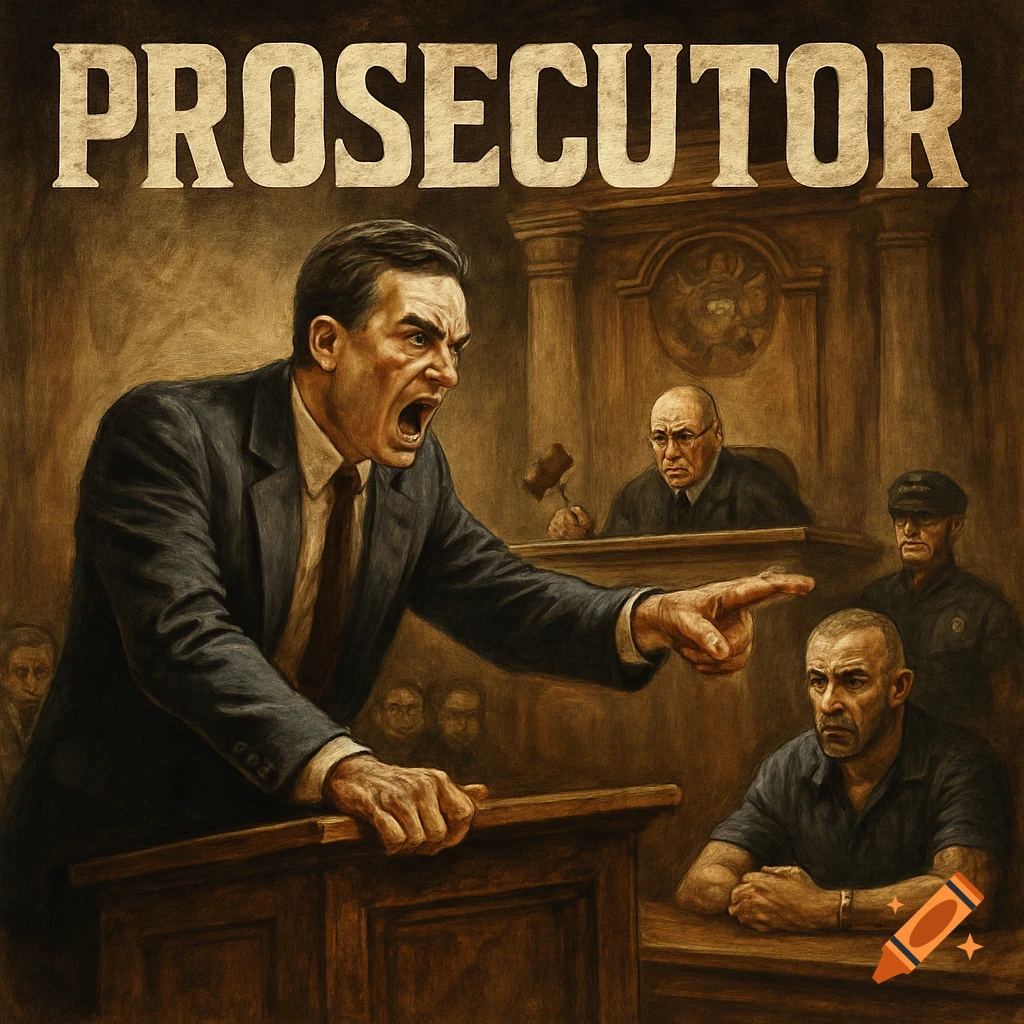 A dramatic vintage illustration of an angry prosecutor pointing in a courtroom, with the word 'PROSECUTOR' above.