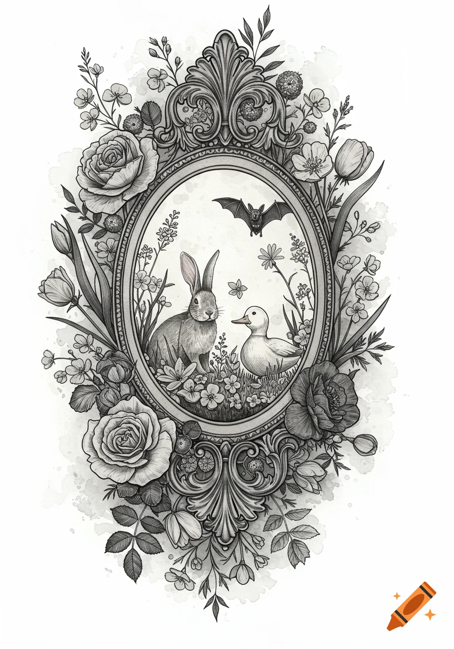 Black and white illustration of a bunny, duck, and bat in a floral vintage oval frame with gothic botanical details.