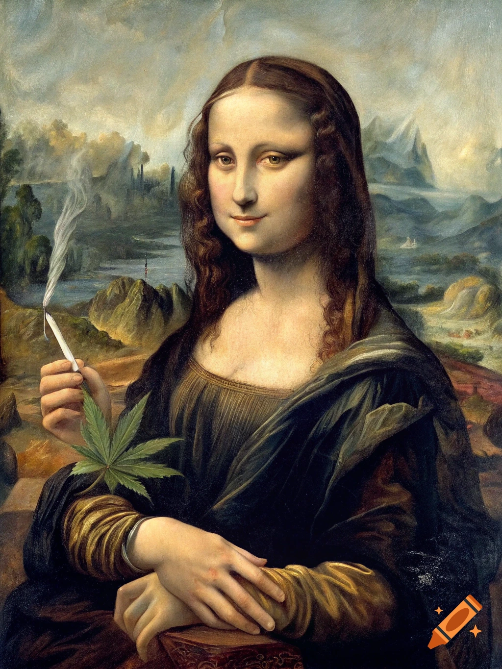Classical painting of Mona Lisa holding a lit cannabis joint and a cannabis leaf, with a landscape in the background.