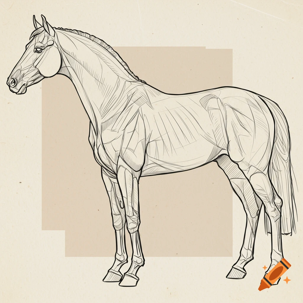 A detailed line drawing of a horse showing its external form and internal anatomical structure.