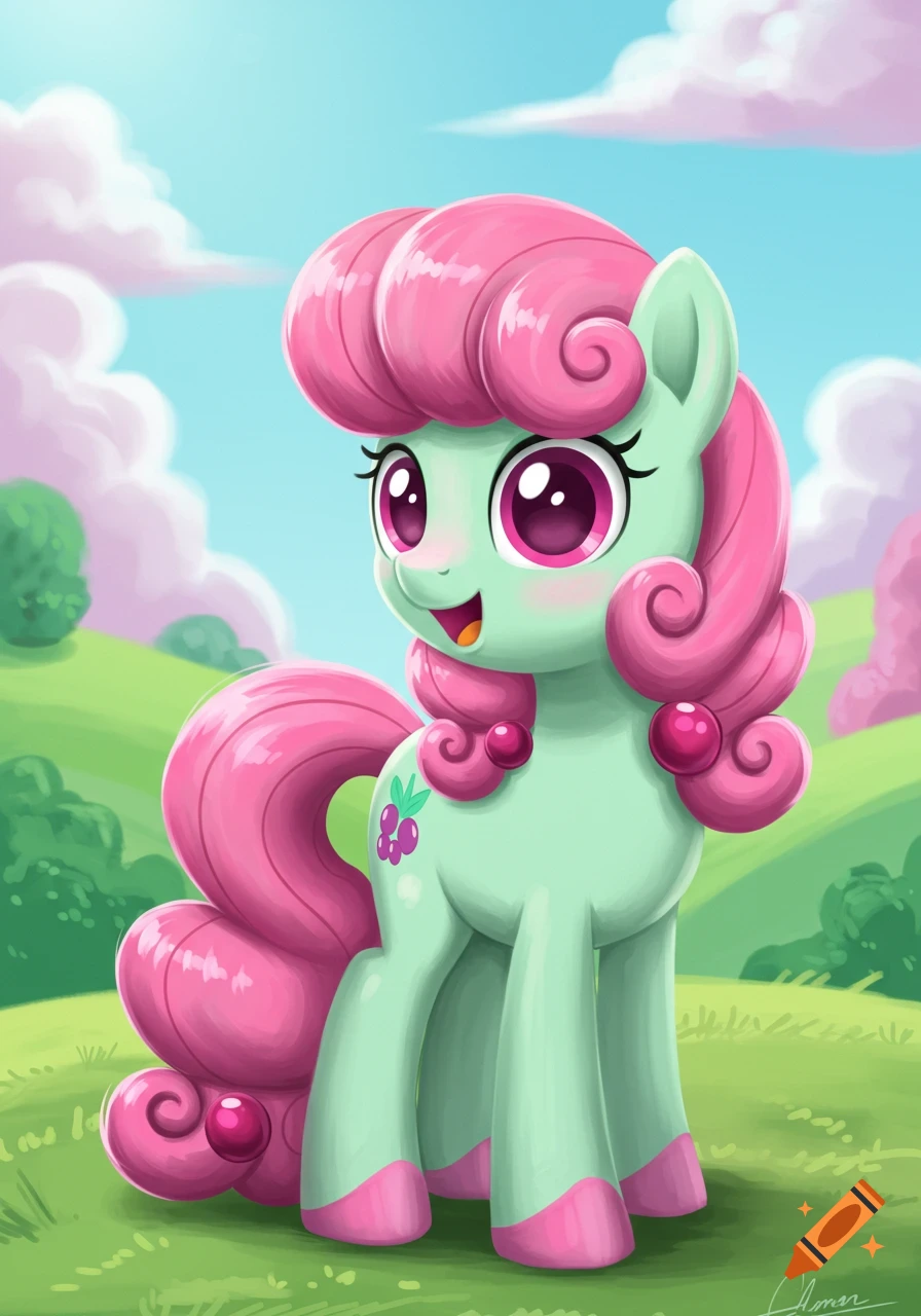 A cute light green cartoon pony with large pink curly mane and tail, featuring purple berries on its flank, stands in a vibrant green field under a blue sky.