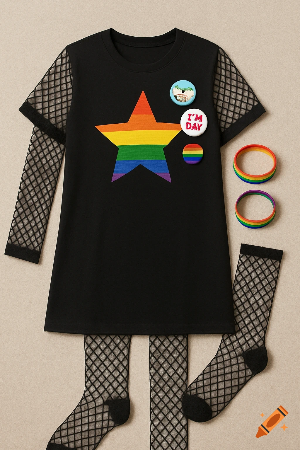 A flat lay of a black t-shirt dress with a rainbow star, fishnet long sleeve top, fishnet tights, rainbow bracelets, and pride-themed pins.