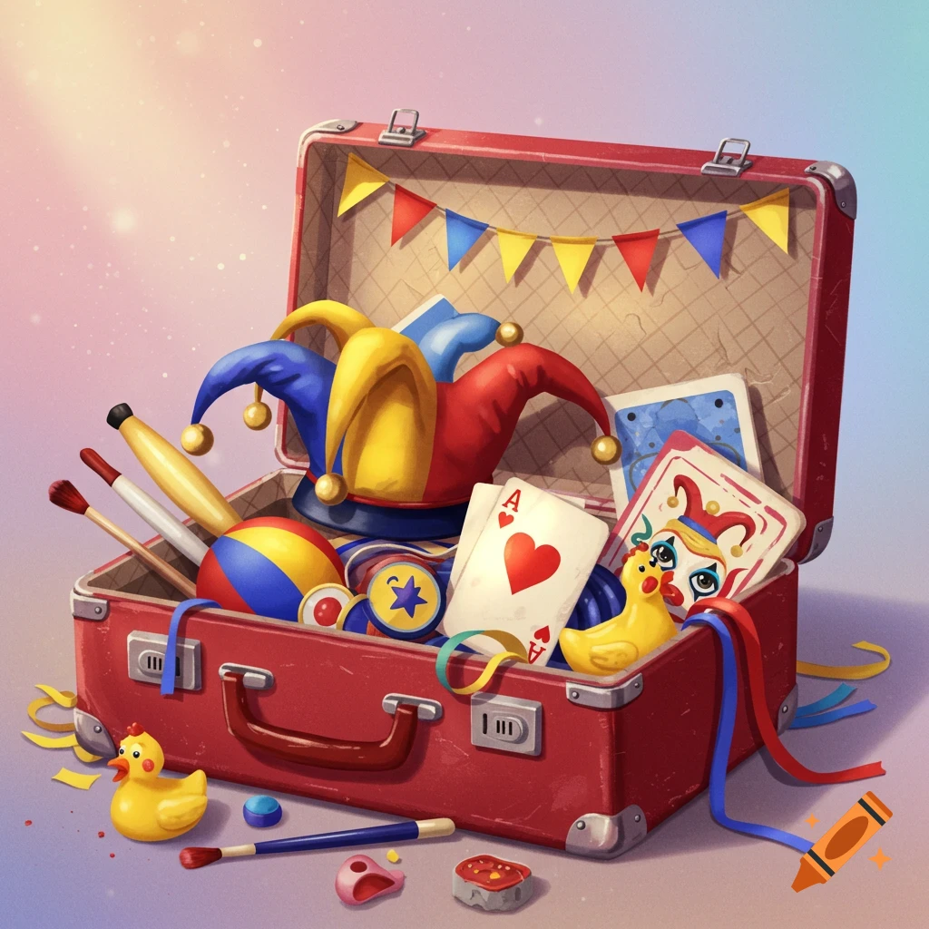 A vibrant illustration of an open red suitcase overflowing with colorful carnival items including a jester hat, playing cards, and toys.