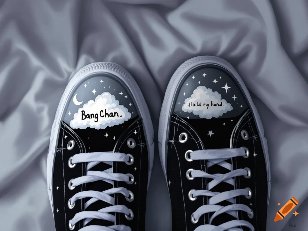 Top-down view of two black Converse shoes with white laces, resting on a gray, wrinkled fabric. The left toe cap features a cloud, stars, and a crescent moon with 'Bang Chan.' written on it. The right toe cap has a similar cloud and stars with 'Hold my hand.' written on it.