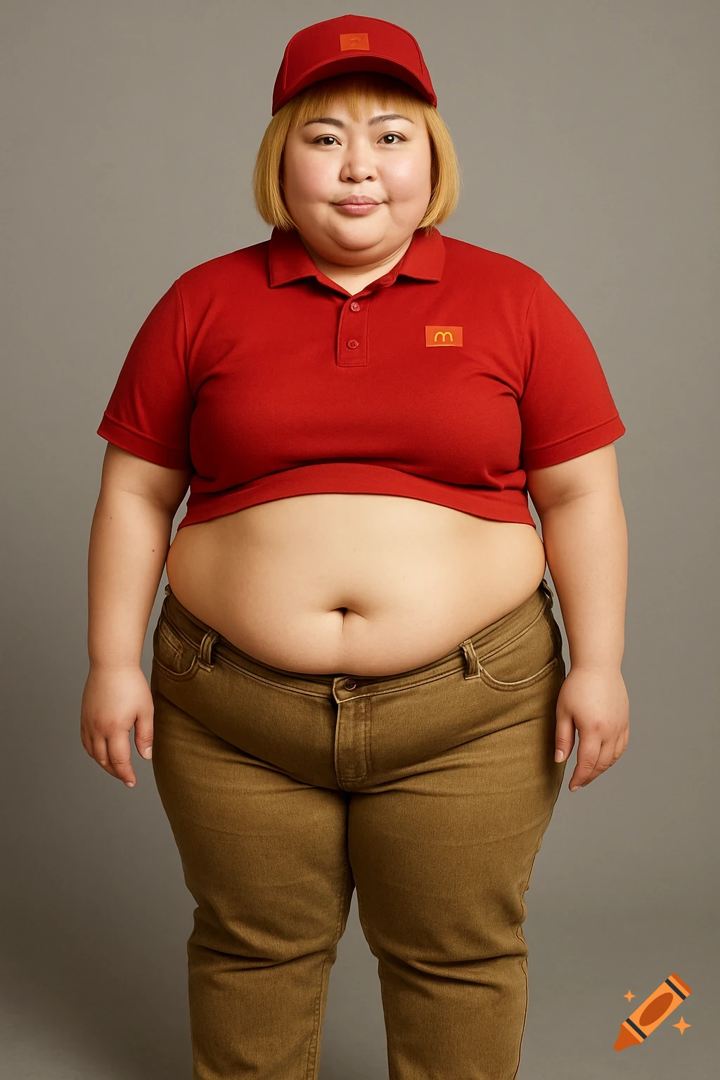 Photorealistic full-body shot of a Japanese woman with short blonde hair, wearing a red fast food uniform shirt that exposes her belly, tan jeans, and a red cap, standing against a grey background.