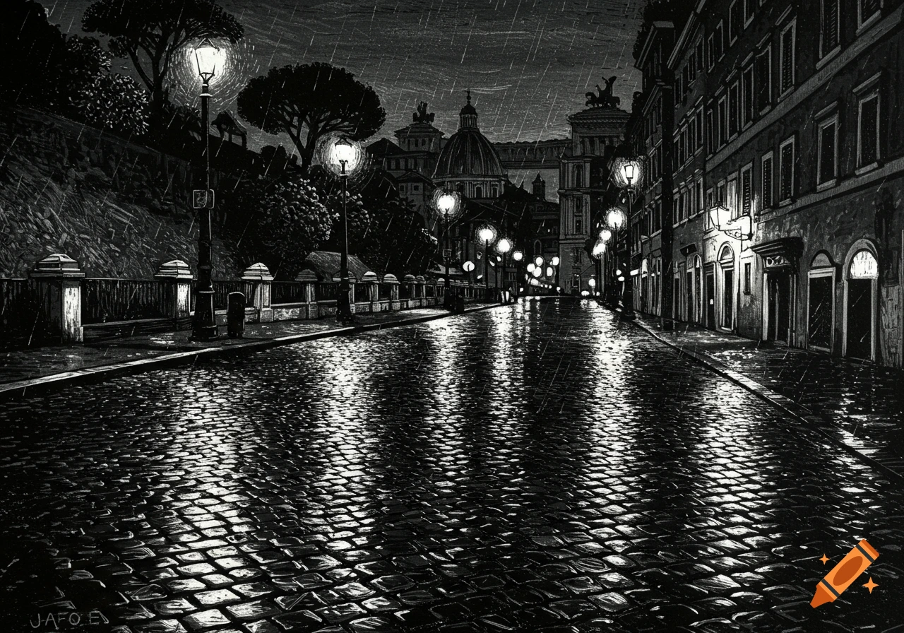 Black and white linocut of a rainy cobblestone street in Rome at night, with glowing streetlights and wet reflections.