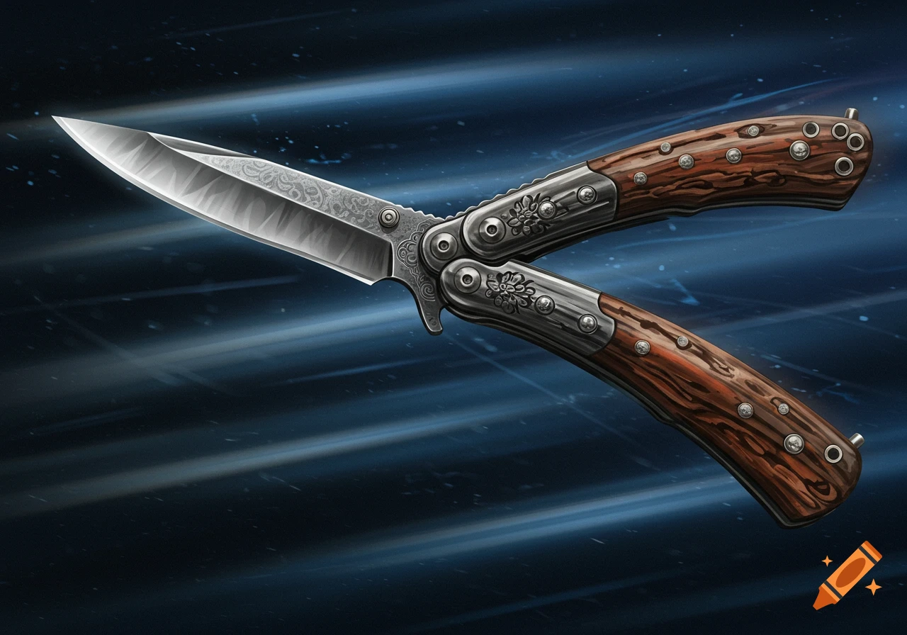 A detailed illustration of an open butterfly knife with a patterned blade and wooden handles with silver accents, against a dark, streaked background.