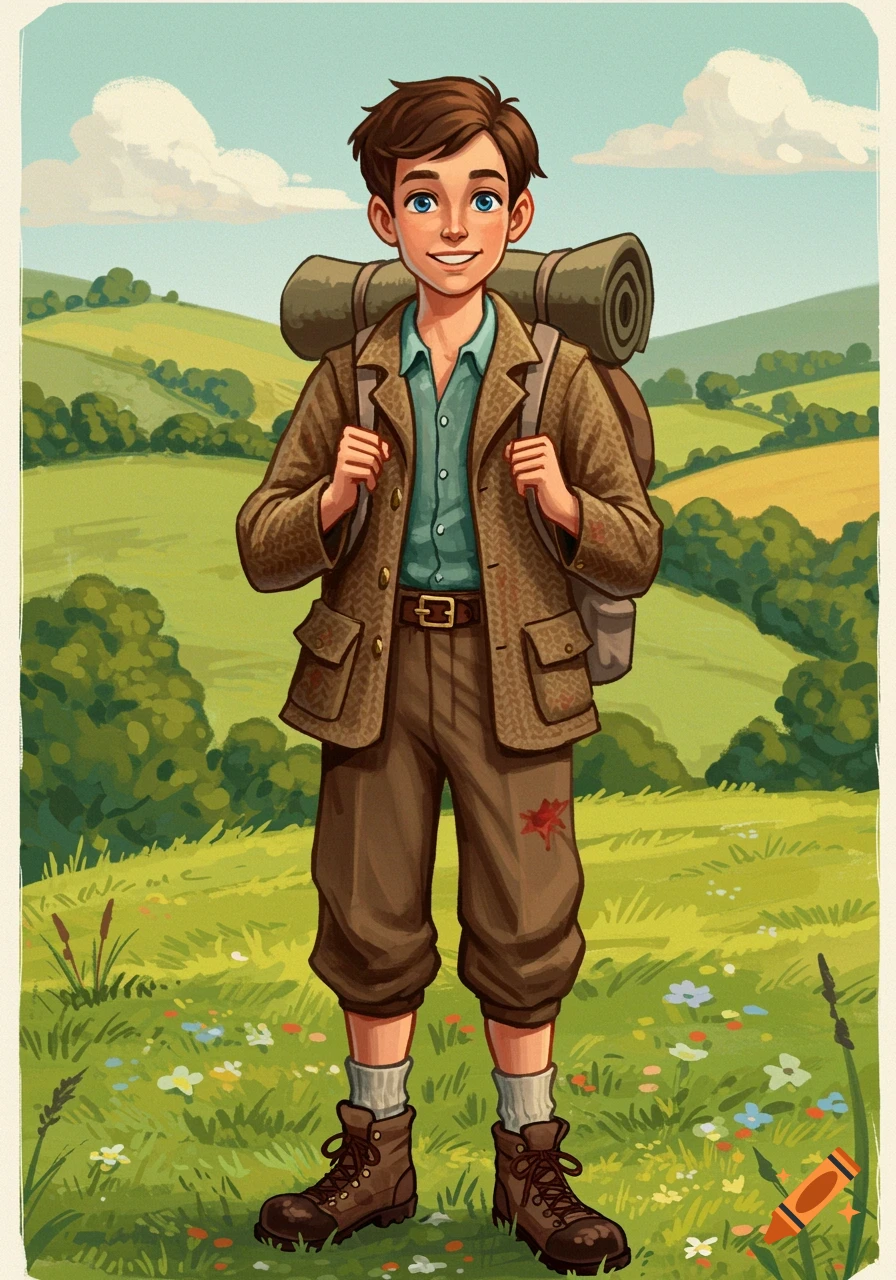 A smiling young boy with a backpack and hiking boots stands in a green field under a blue sky, in a vibrant cartoon illustration style.
