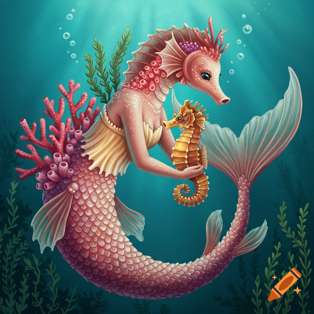 A whimsical seahorse mermaid with pink scales and coral fins holds a small golden seahorse underwater amidst bubbles and seaweed.