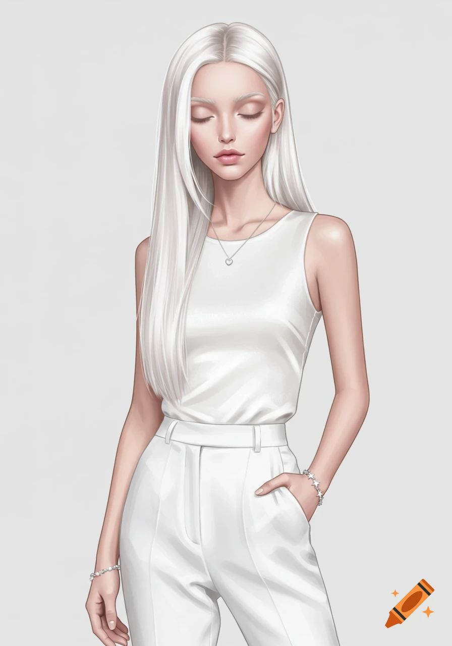 Stylized illustration of a young woman with long white hair and closed eyes, wearing a white sleeveless top and white pants.
