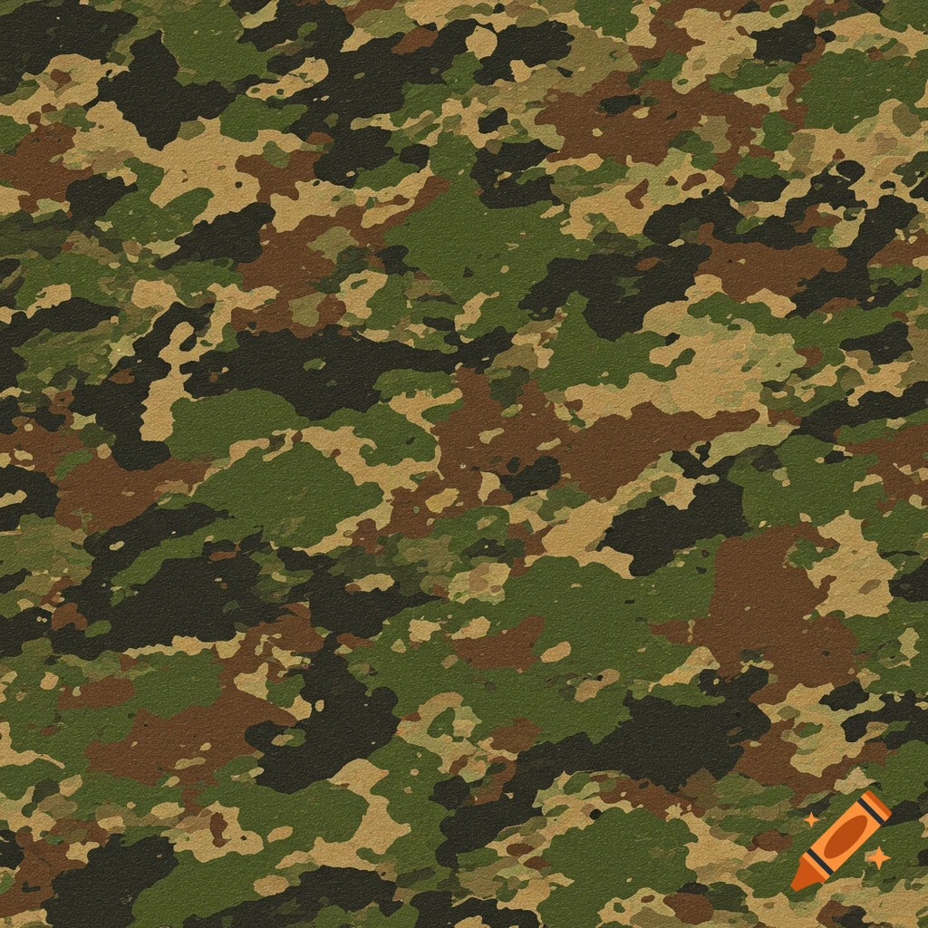 A close-up, seamless camouflage pattern in green, brown, tan, and black, with a textured appearance.