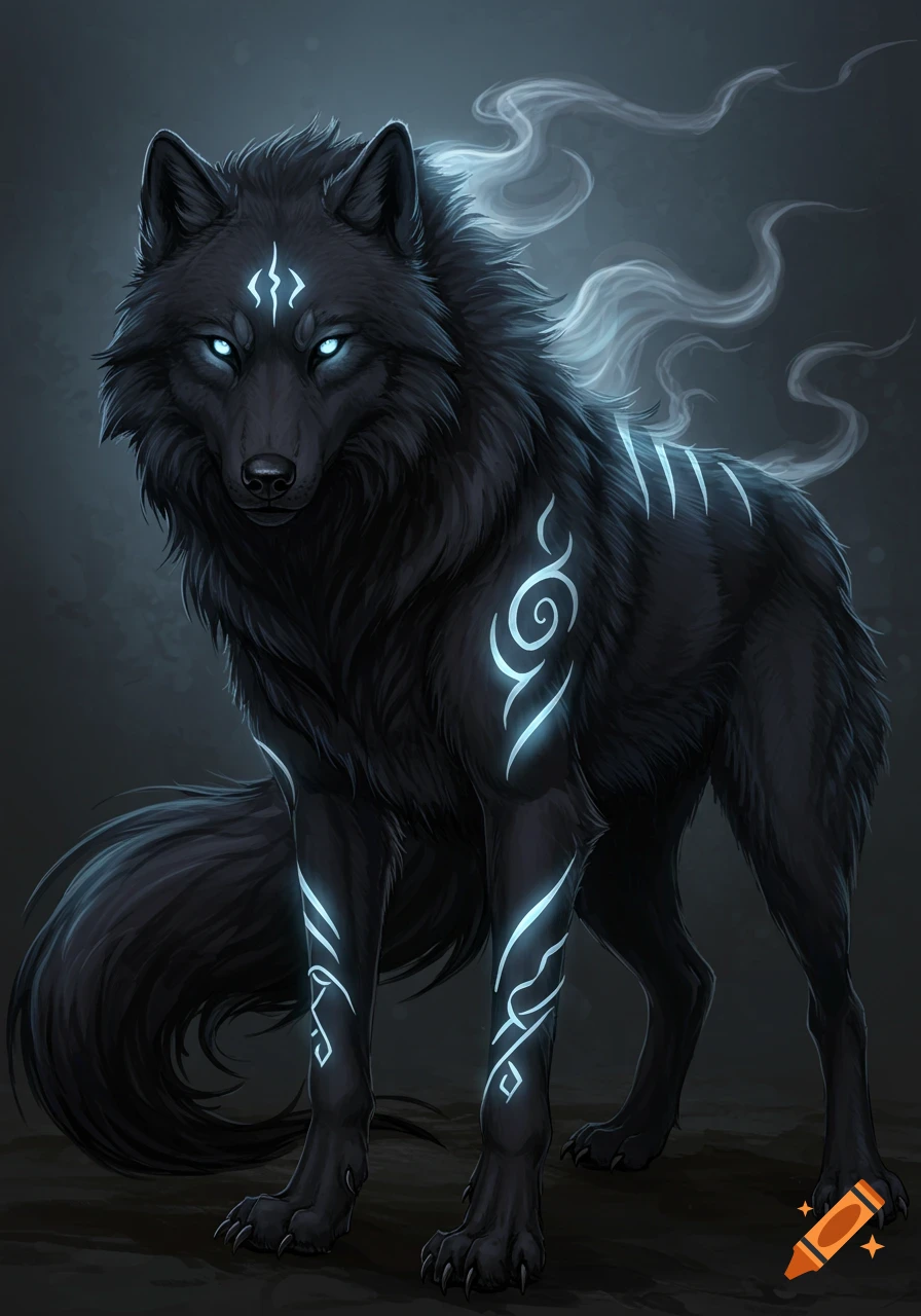 A majestic black wolf with glowing blue eyes and ethereal white tribal markings stands in a dark, smoky setting.