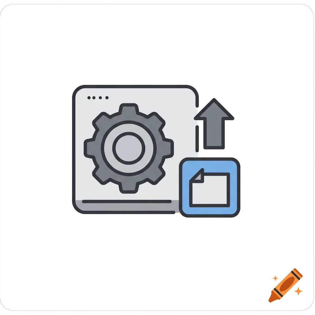 Icon depicting a grey gear inside a window, with an upward arrow and a blue document, symbolizing loading configuration from a file.